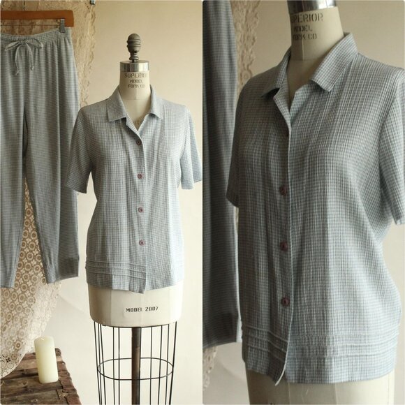 Sag Harbor Pants - Vintage 1990s Pant Suit, Sag Harbor Petites Blue and White Two Piece,